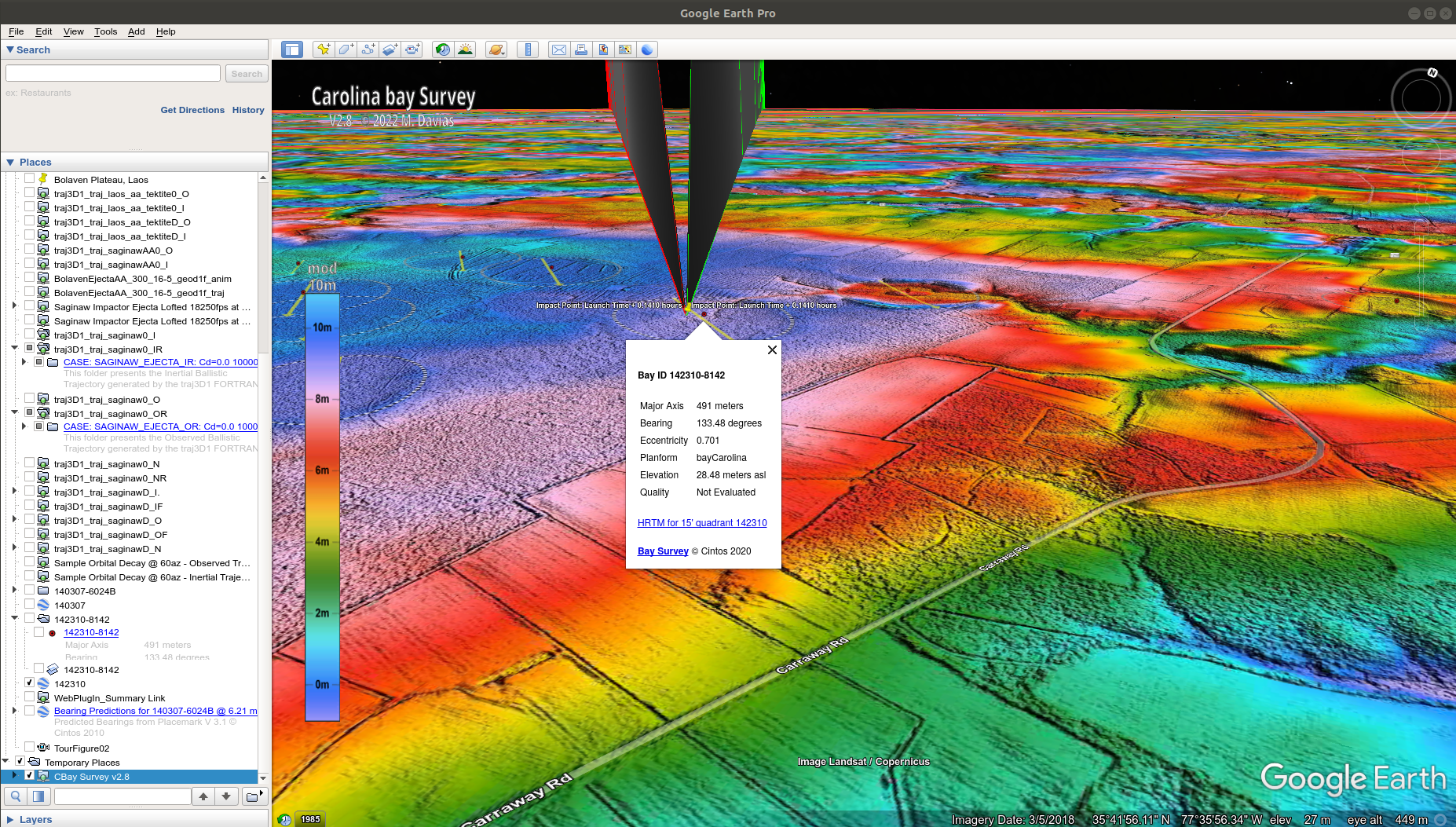traj3D1 no-drag ballistic trajectories impact points displayed in Google Earth Pro for cases 1-2
