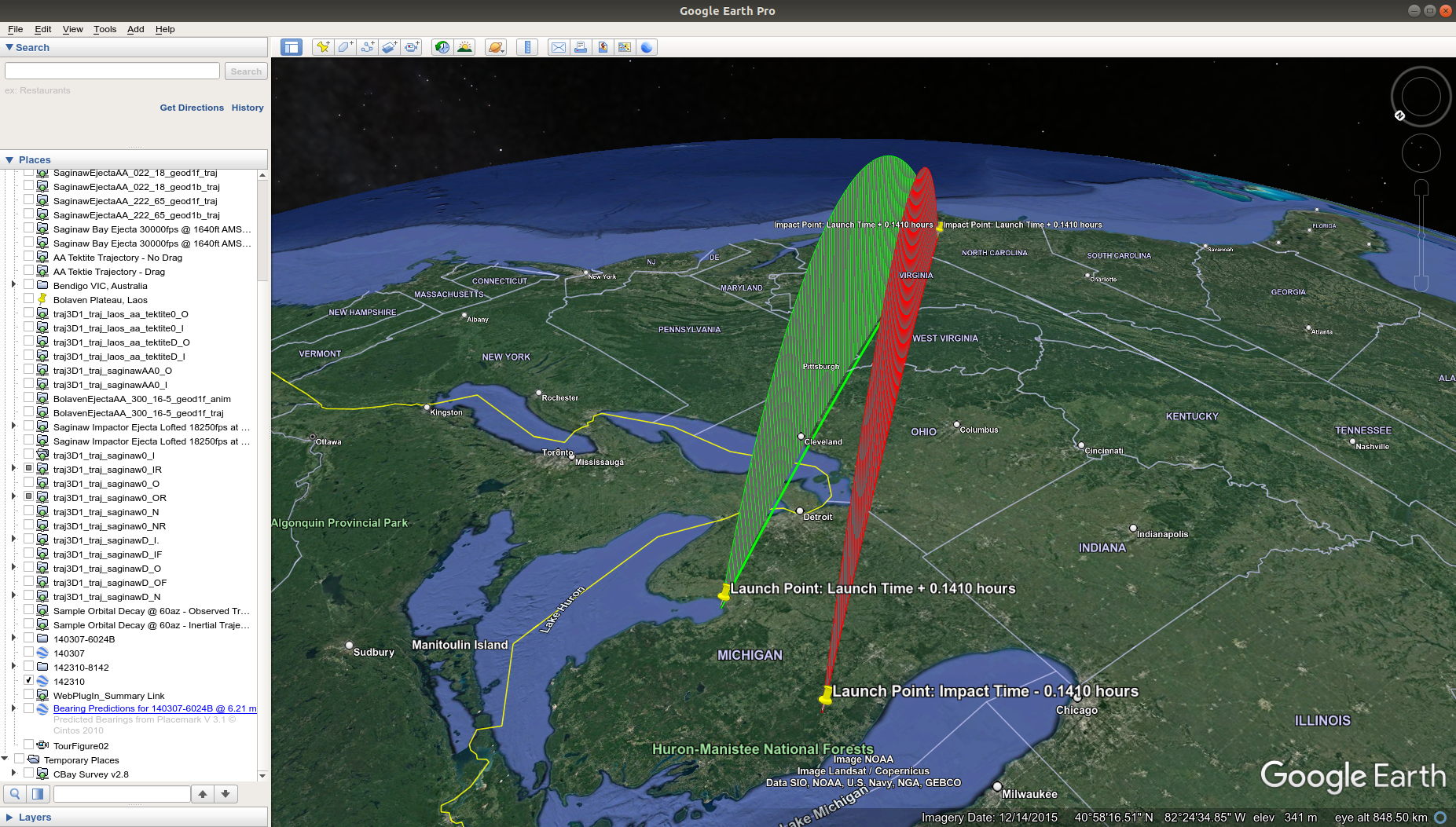 traj3D1 no-drag ballistic trajectories inertial trajectory ground track displayed in Google Earth Pro for case 2