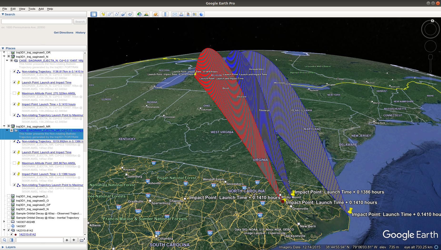 traj3D1 no-drag ballistic trajectories displayed in Google Earth Pro for cases 2, 3, 5 & 6