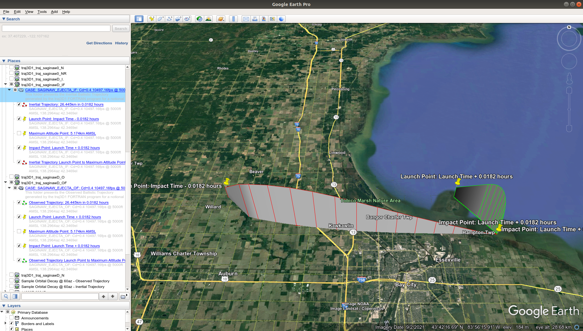 traj3D1 full atmospheric drag ballistic trajectory displayed in Google Earth Pro for cases 7-8