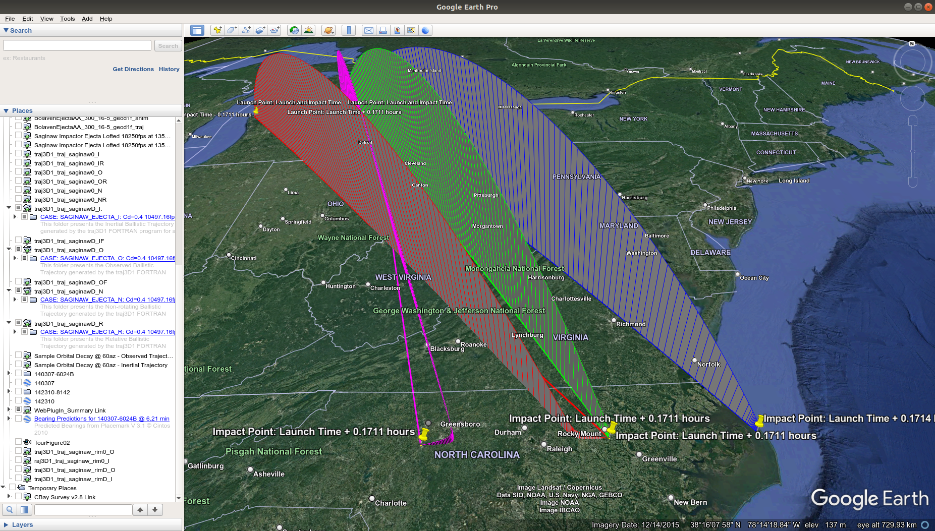 traj3D1 reentry only drag ballistic trajectories displayed in Google Earth Pro for cases 9-12