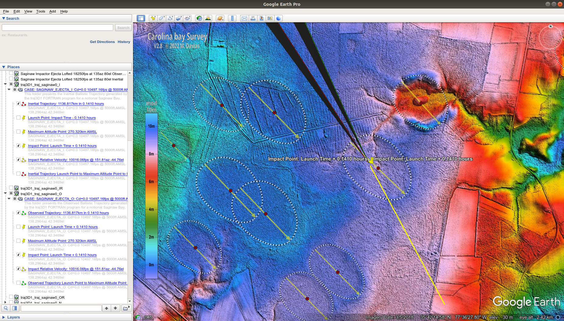 traj3D1 no-drag ballistic trajectories impact points displayed in Google Earth Pro for cases 4-5
