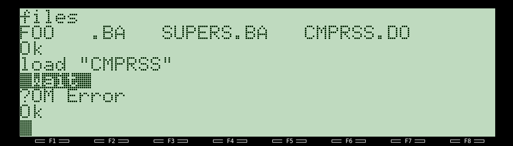 A screenshot of an OM Error after attempting to tokenize on a Tandy 102