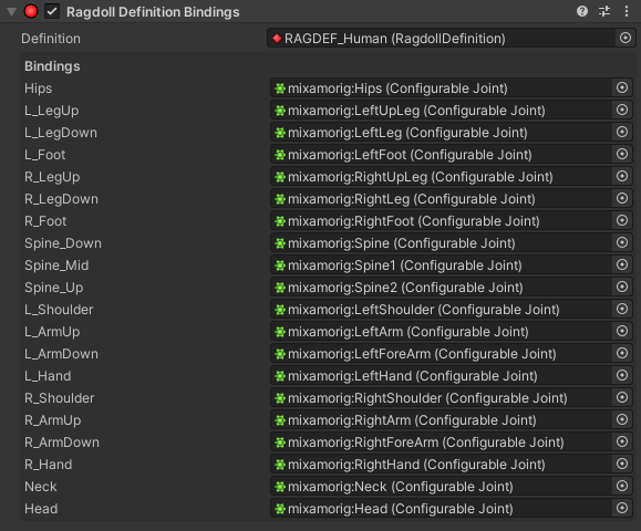 An example of a RagdollDefinitionBindings