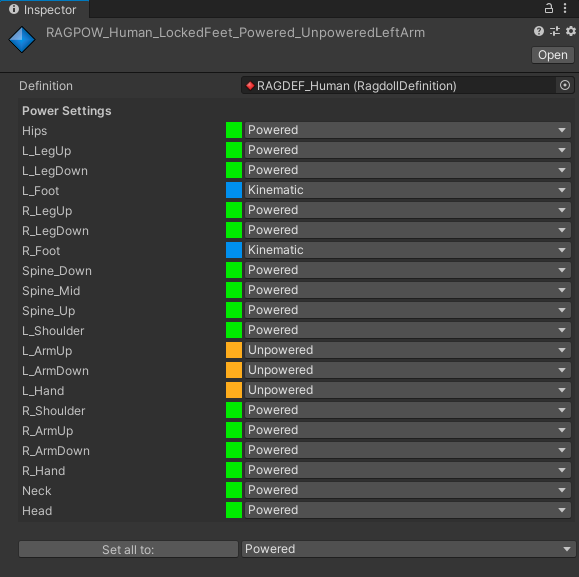 An example RagdollPowerProfile for a character with an injured arm.