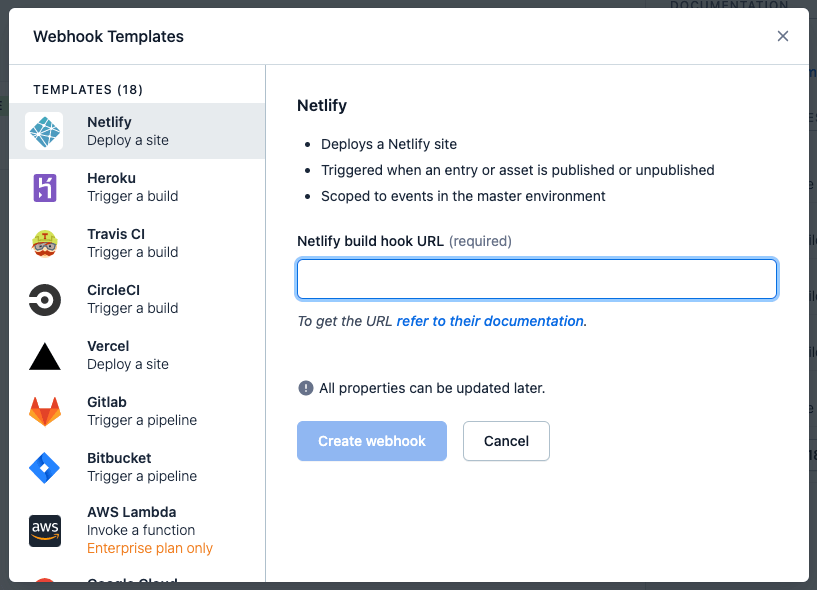 A screenshot of adding a build hook in the Contentful UI