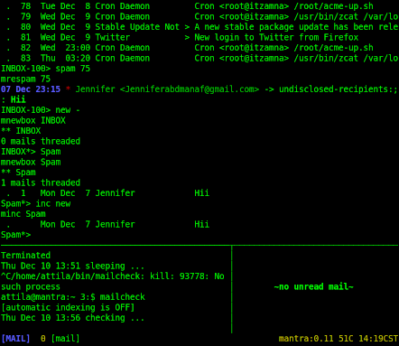 Screenshot of tmux session running mb, mailcheck and foldercheck