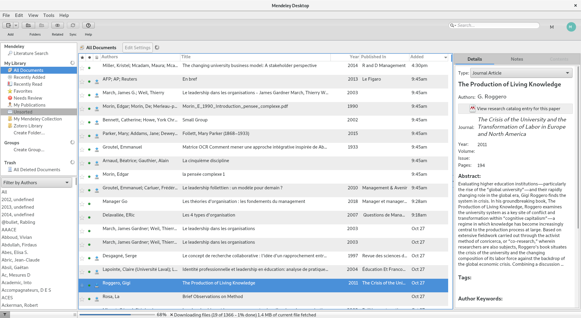 Mendeley Desktop in default Library as Table view