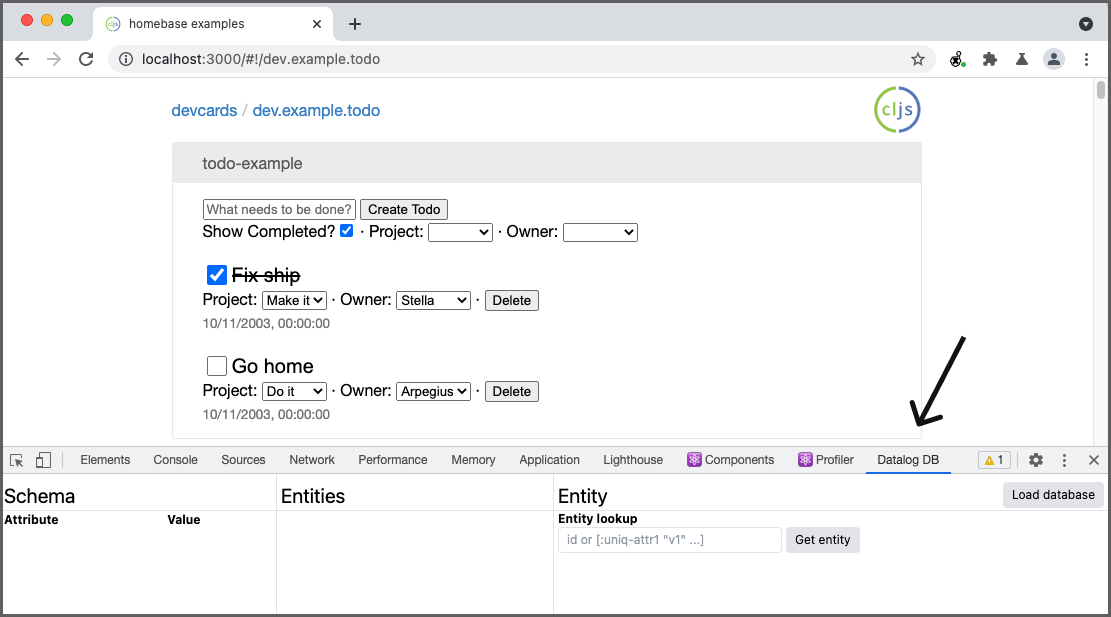 Datalog DB panel open in Chrome console