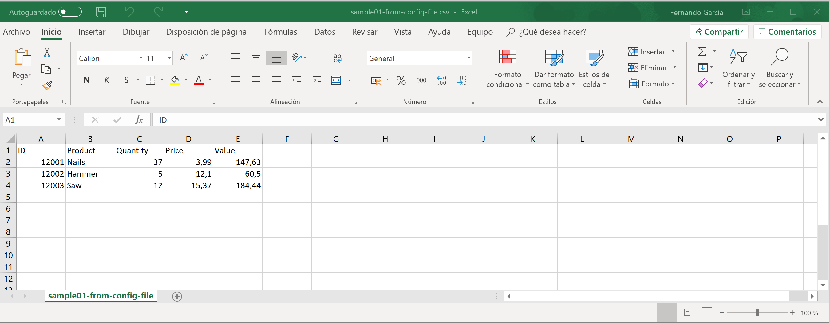 CSV sample 1 output