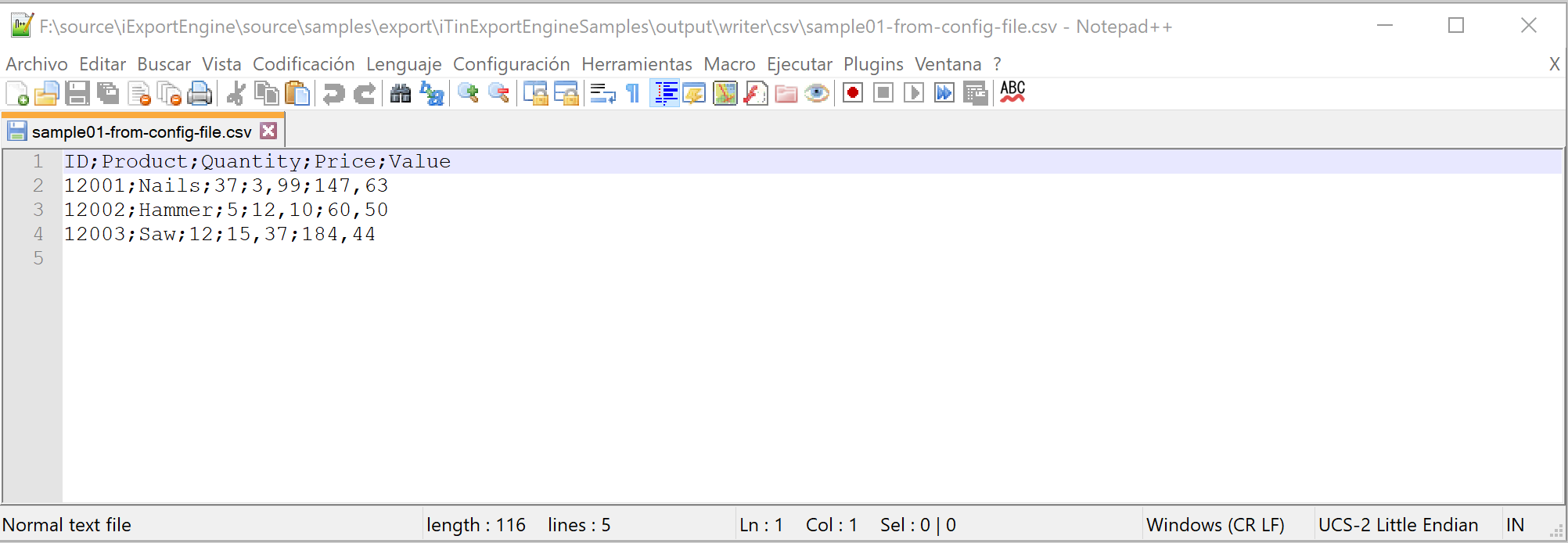 CSV sample 1 output