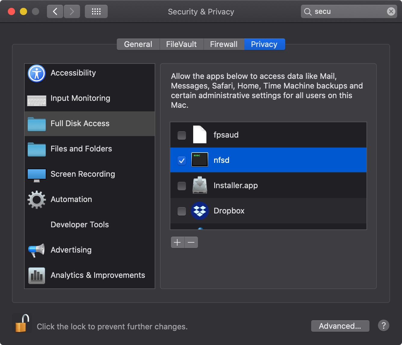 Granting a full disk access to /sbin/nfsd