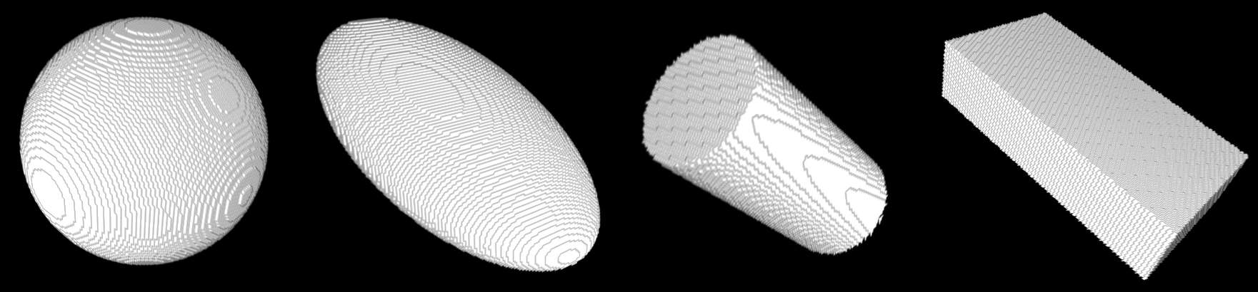 discrete 3D shapes (ball, ellipsoid, cylinder, cuboid)