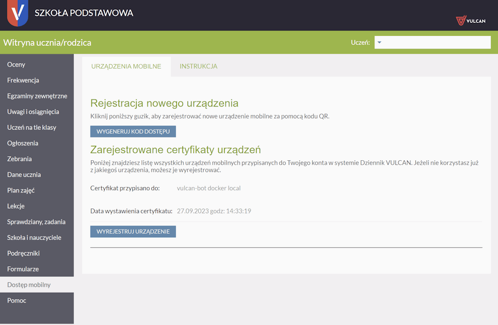 App registered in Vulcan system