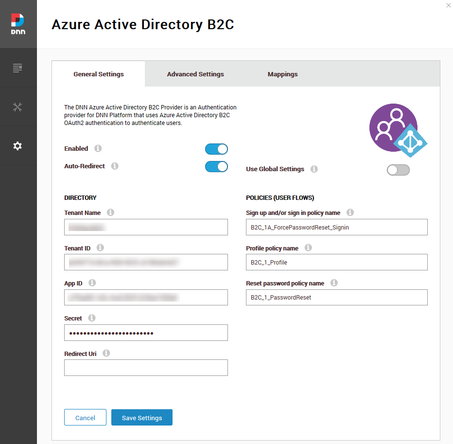 AAD B2C settings