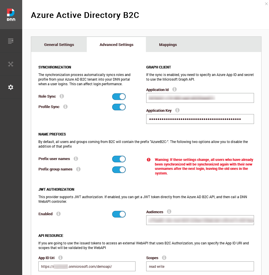 AAD B2C advanced settings