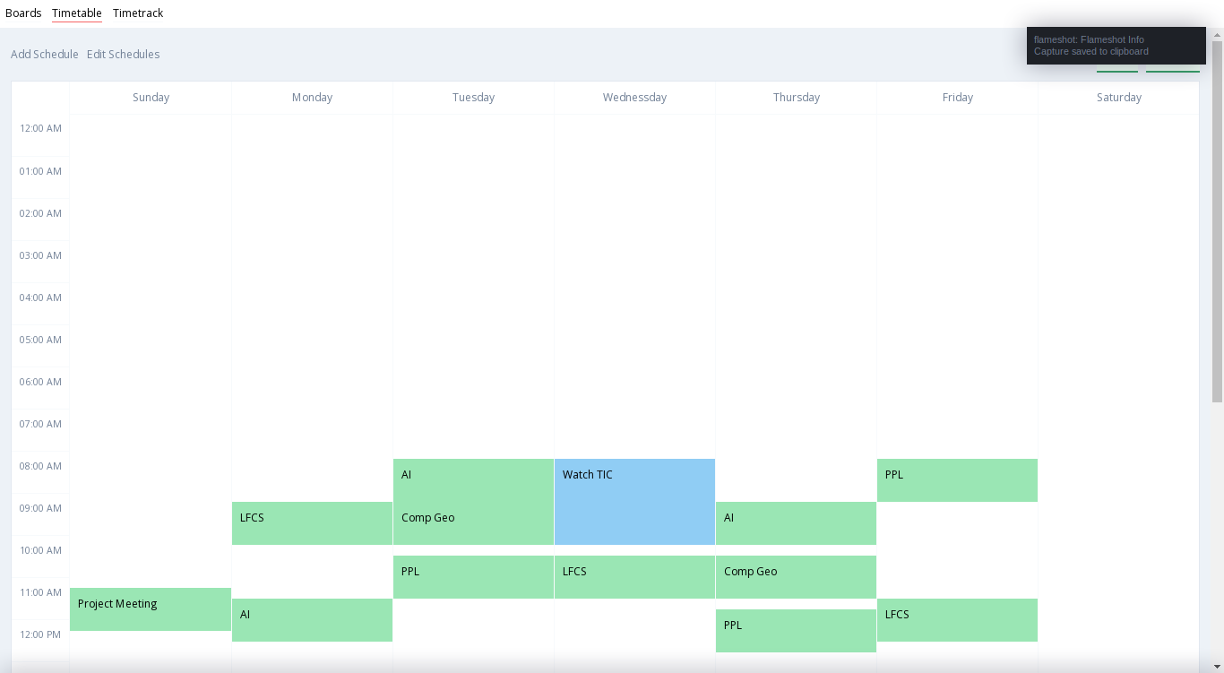 Screenshot of Timetable page