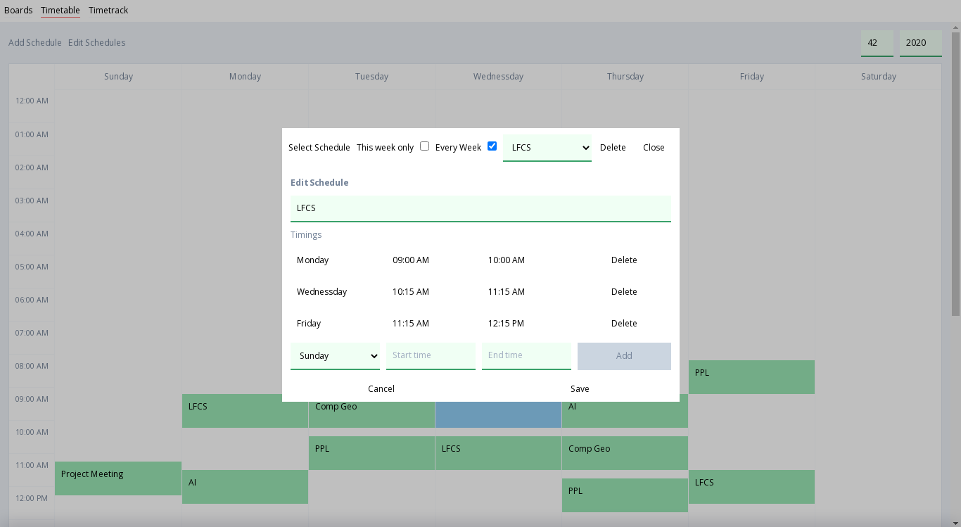 Screenshot of Timetable page editing