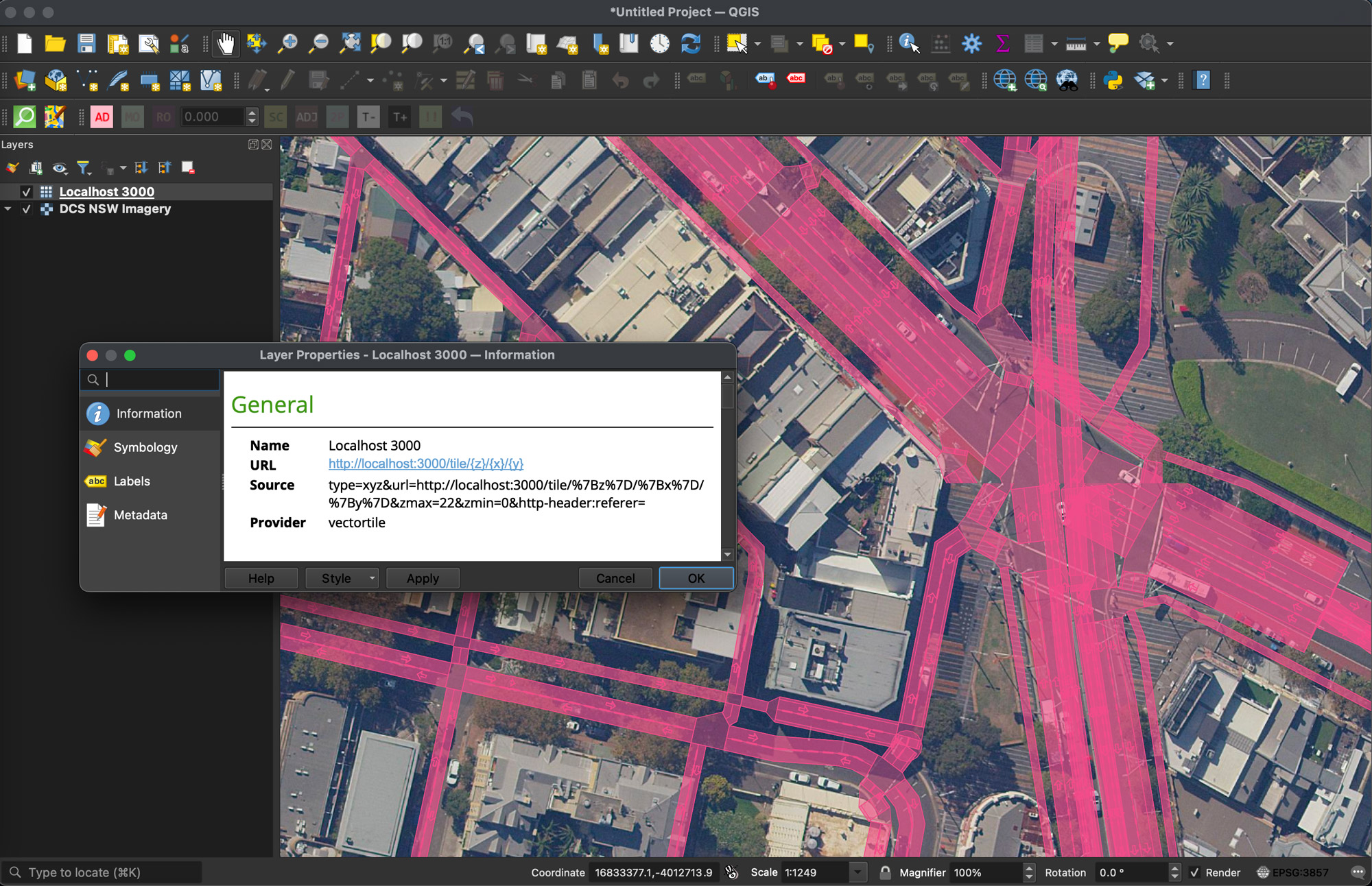 Screenshot of QGIS showing tileserver