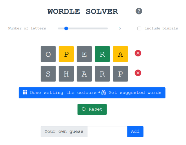 Screenshot of Wordle-Solver web-based UI