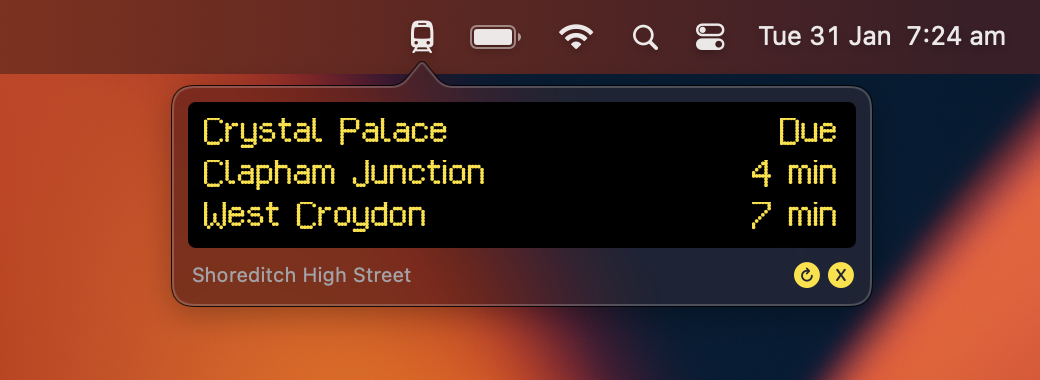 Screenshot: arrivals app in the MacOS status bar