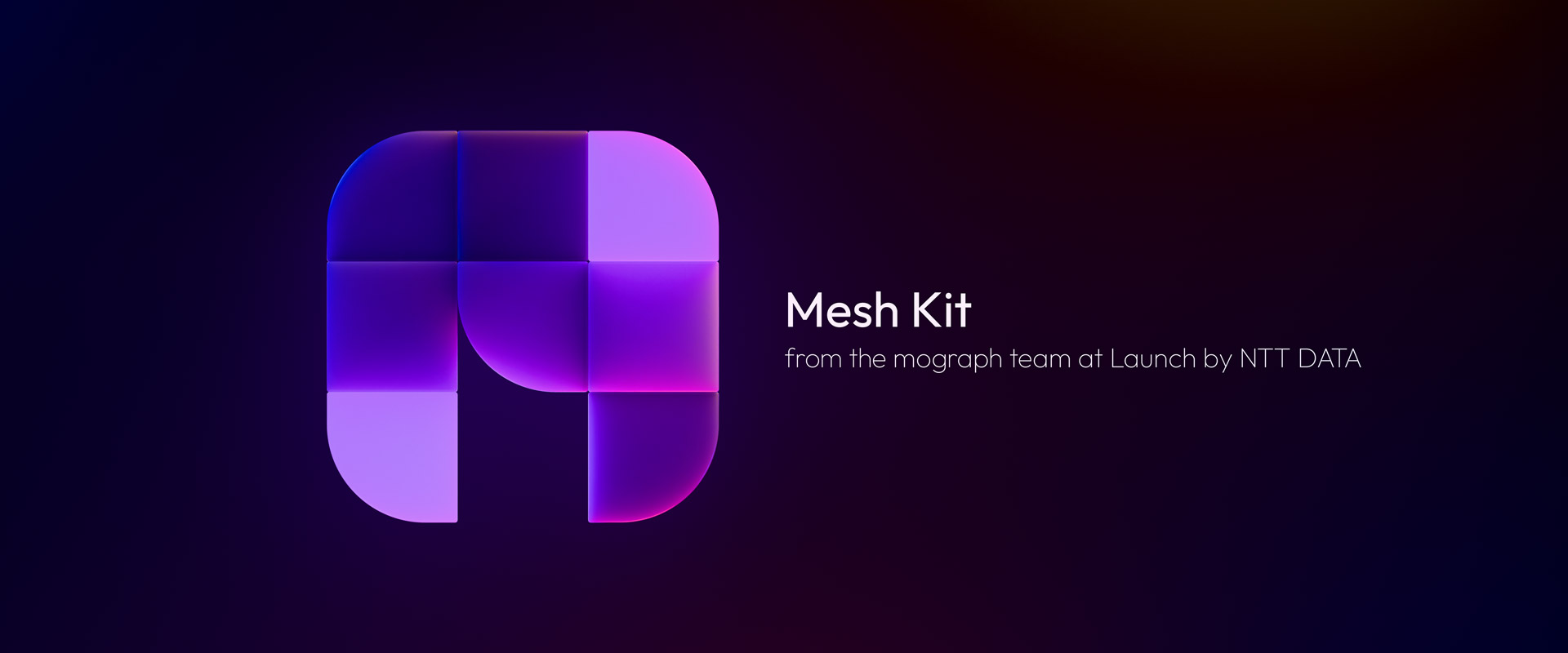 3D render of an abstract M-shaped logo made up of blocks with some rounded corners in soft purple, text in the image reads Mesh Kit from the Mograph team at Launch by NTT DATA