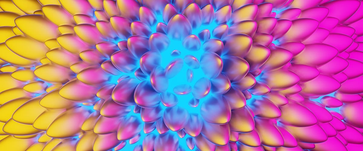render of the demo-golden blender file, showing an array of petal-like objects reflecting gold, blue, and magenta light