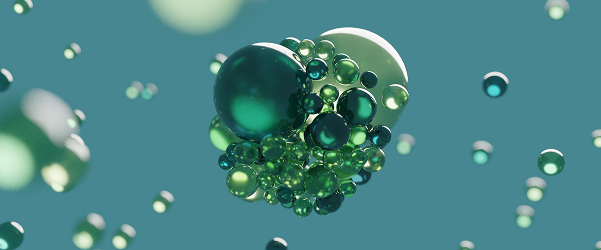 render of the demo-poisson blender file, showing blue-green glass spheres floating in space