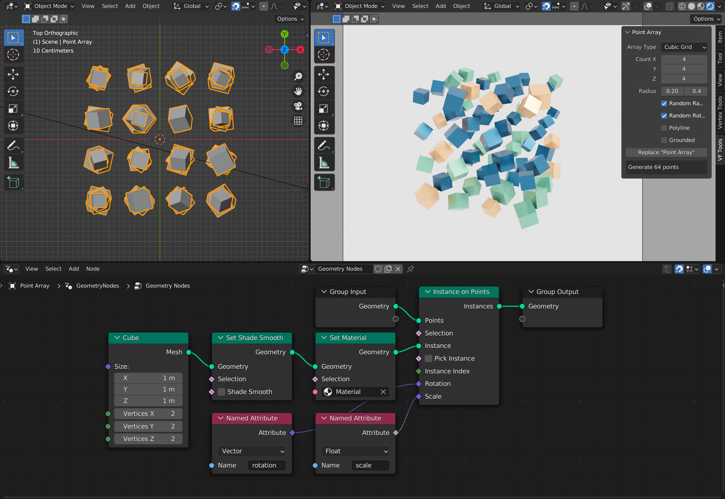 screenshot of the add-on interface in Blender showing the cubic grid options and sample geometry nodes setup