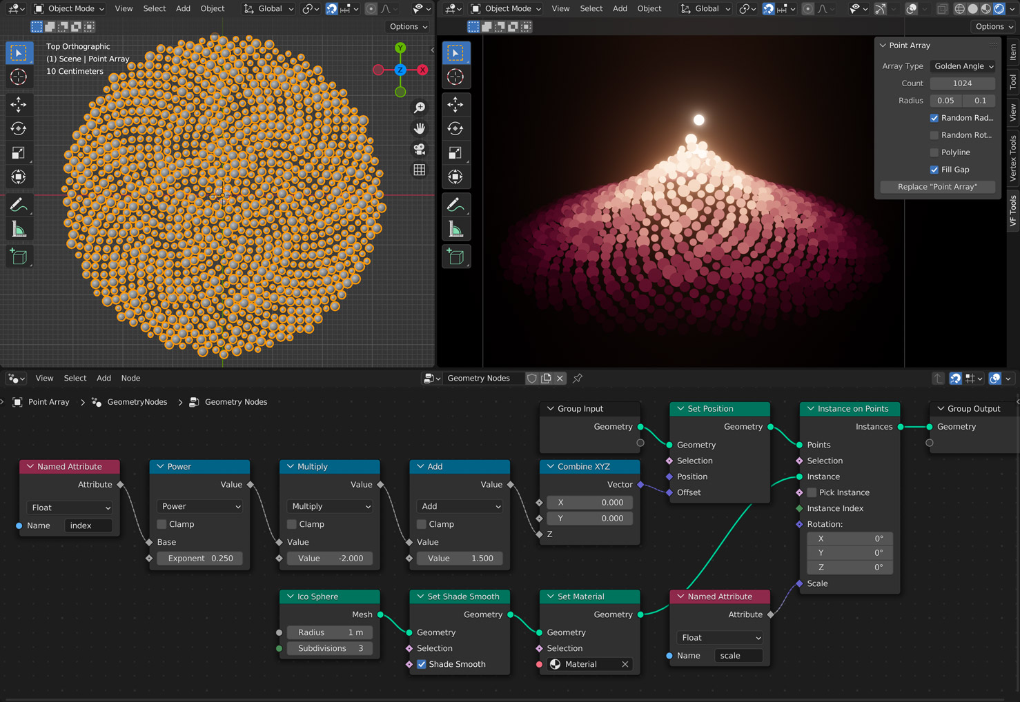 screenshot of the add-on interface in Blender showing the golden angle options and sample geometry nodes setup