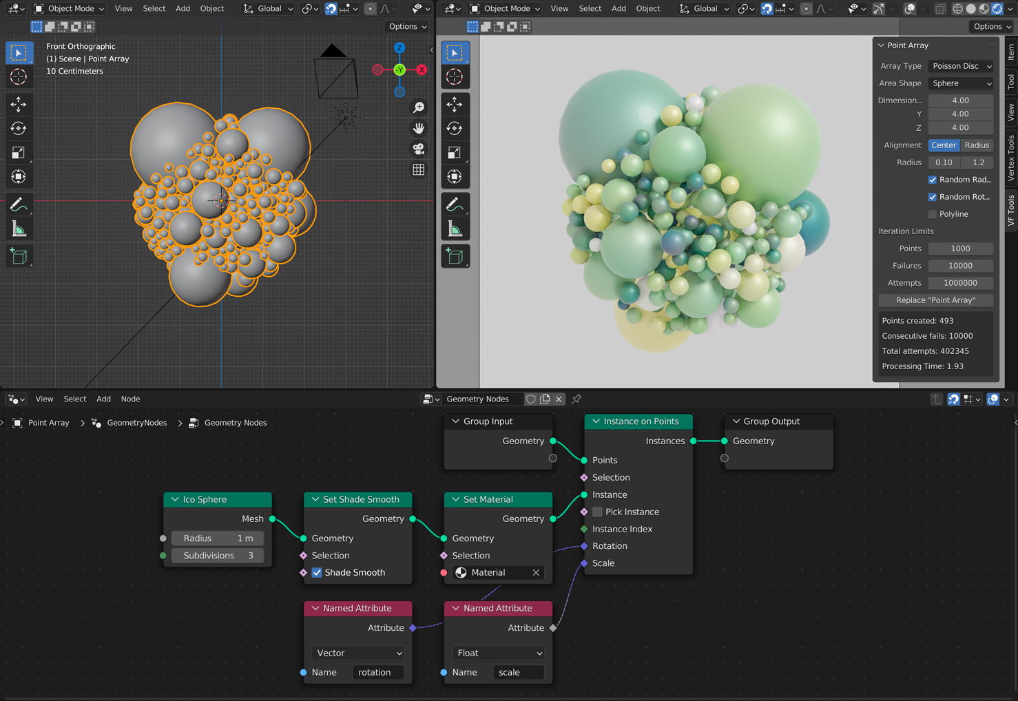 screenshot of the add-on interface in Blender showing the poisson disc options and sample geometry nodes setup