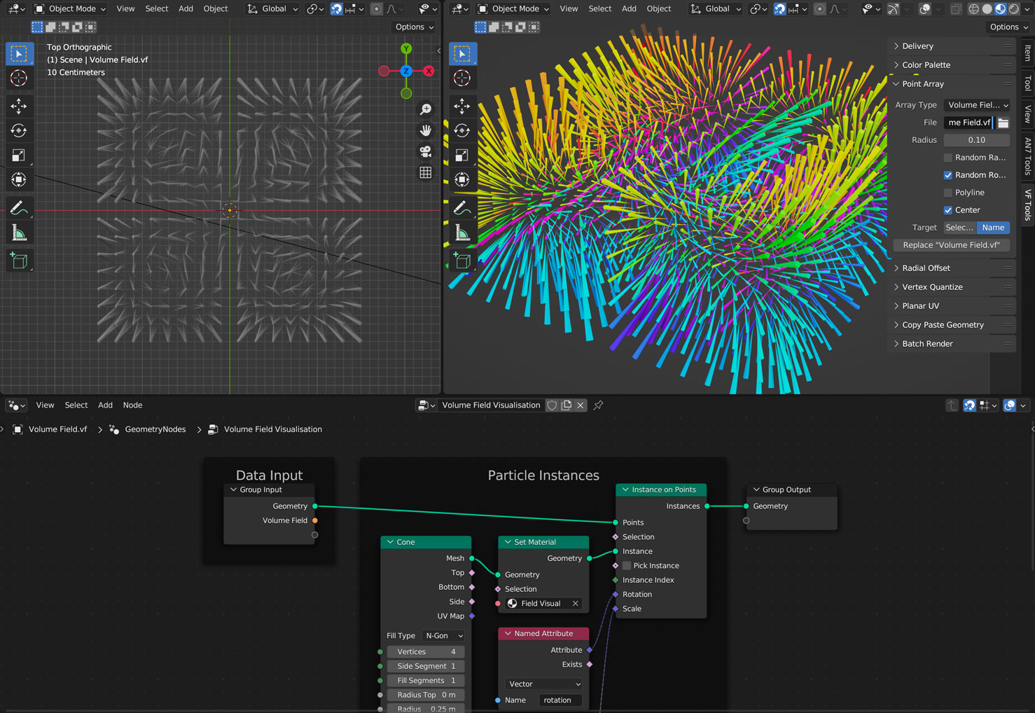 screenshot of the add-on interface in Blender showing the data import options and sample geometry nodes setup