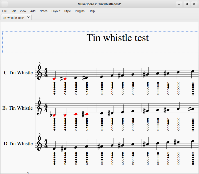 Diagram of tin whistle tabs applied to the score version 2