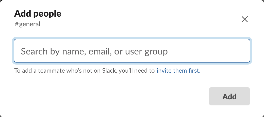 Slack modal to add users to a channel as of October 2020