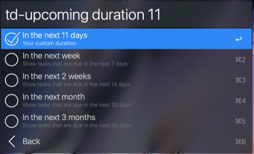 upcoming duration