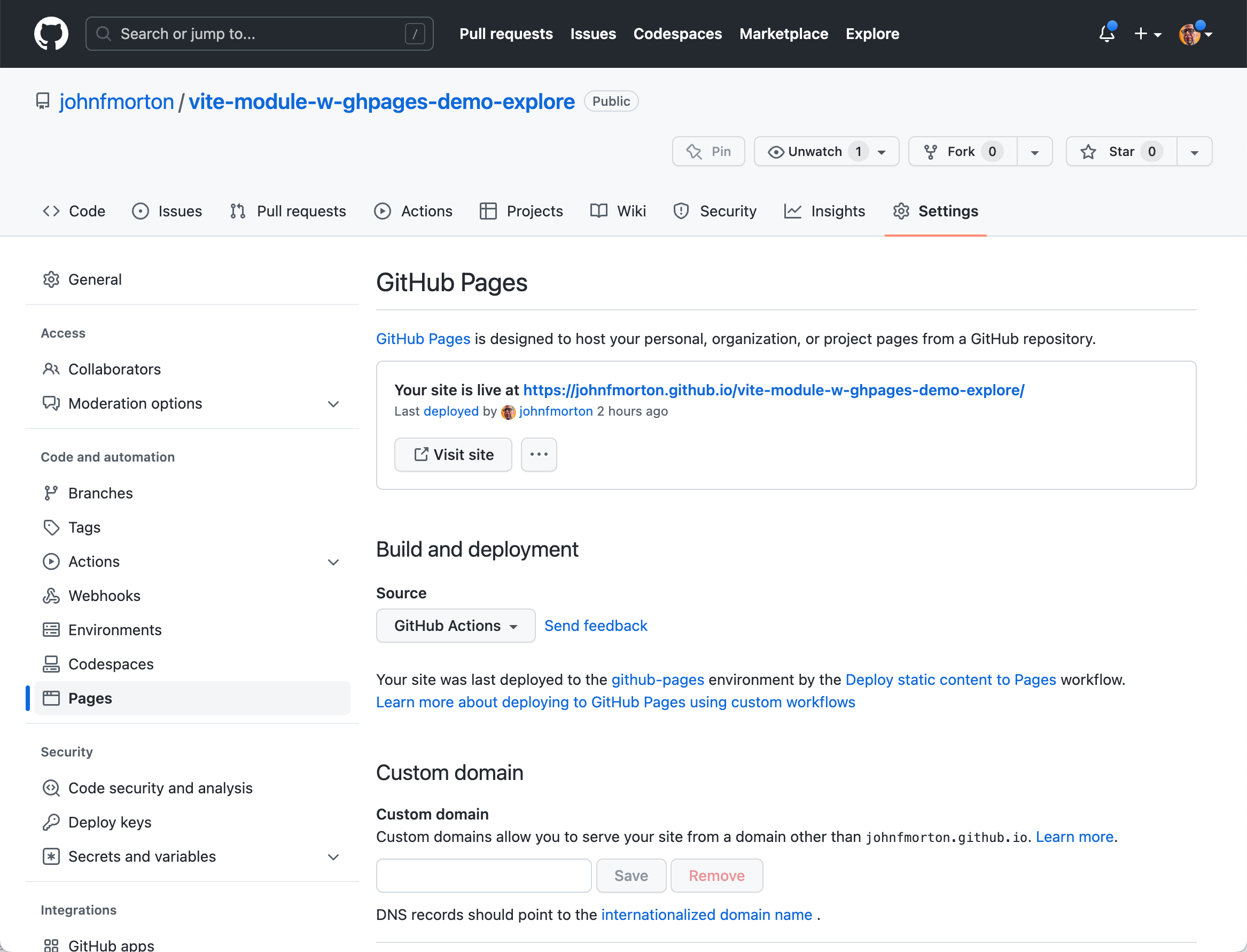 GitHub Pages settings