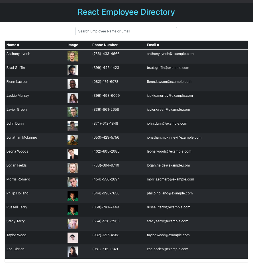 screenshot of react-employee-directory