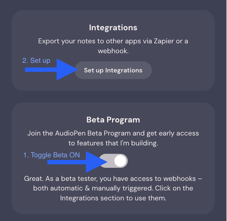 enable beta, setup integrations