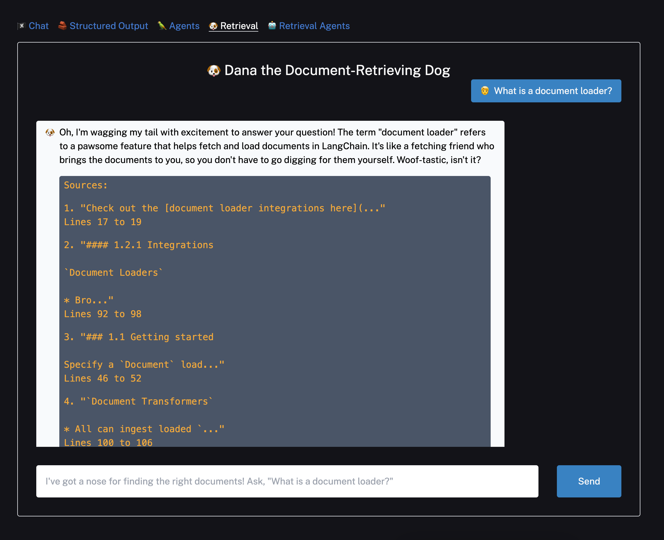 A streaming conversation between the user and an AI retrieval chain