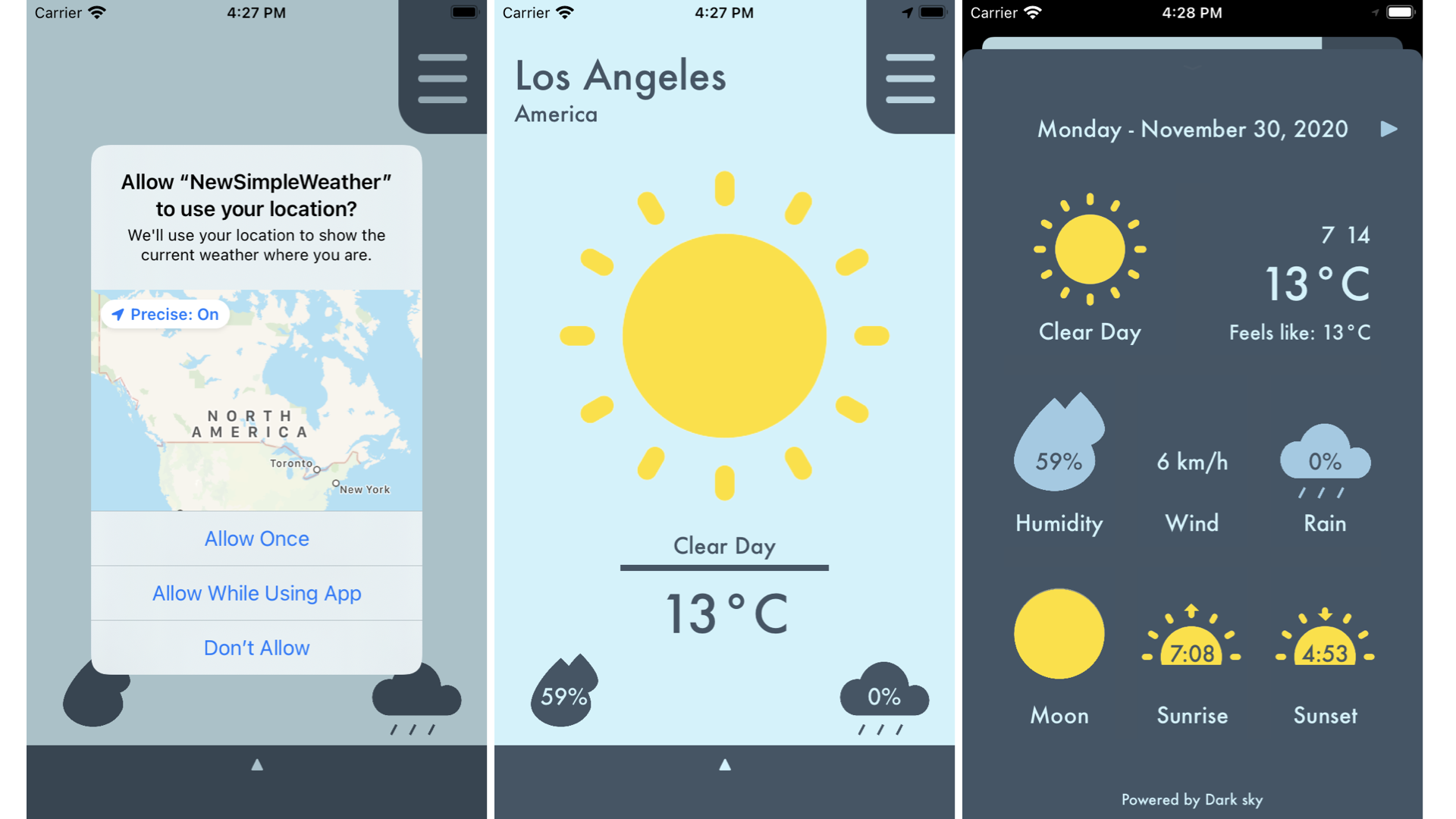 three screen shots. First showing the alert asking for location permission. Second showing the main screen of the app. Third showing the date, current weather and other relevant information as the current state (sunny), min and max temperature, humidity, rain probability, time when the sun rises and when it sets