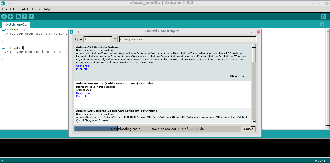 Installation of packages for Arduino AVR Boards from Boards Manager