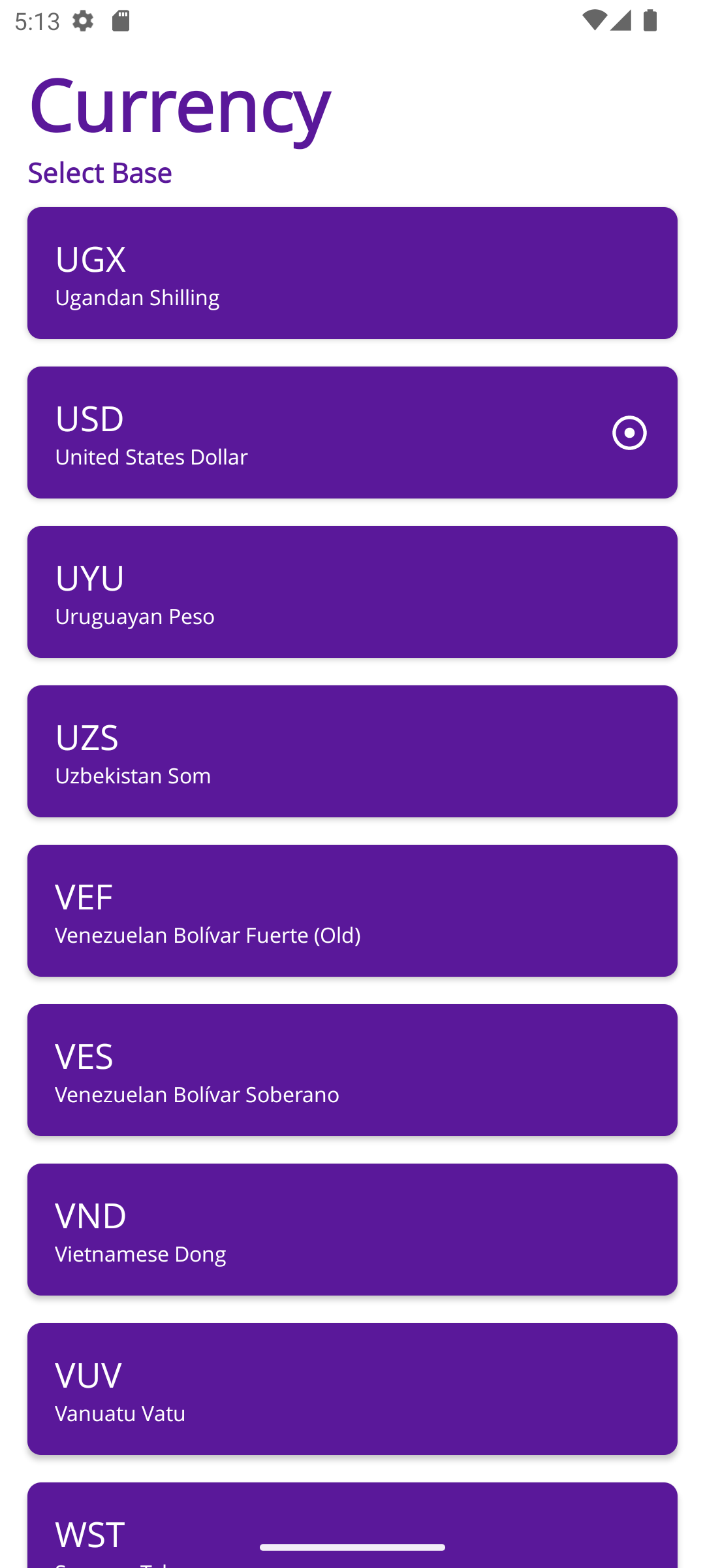 Select Currency Screen