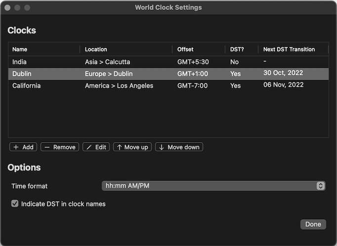 World Clock settings screenshot