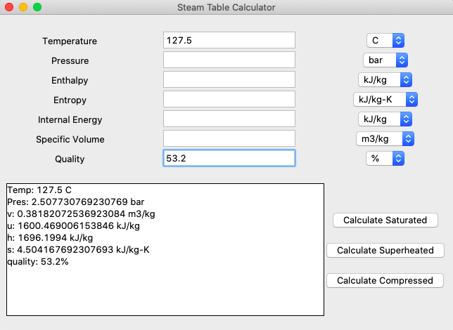 Saturated, Superheated and Compressed Water Property Calculator GUI