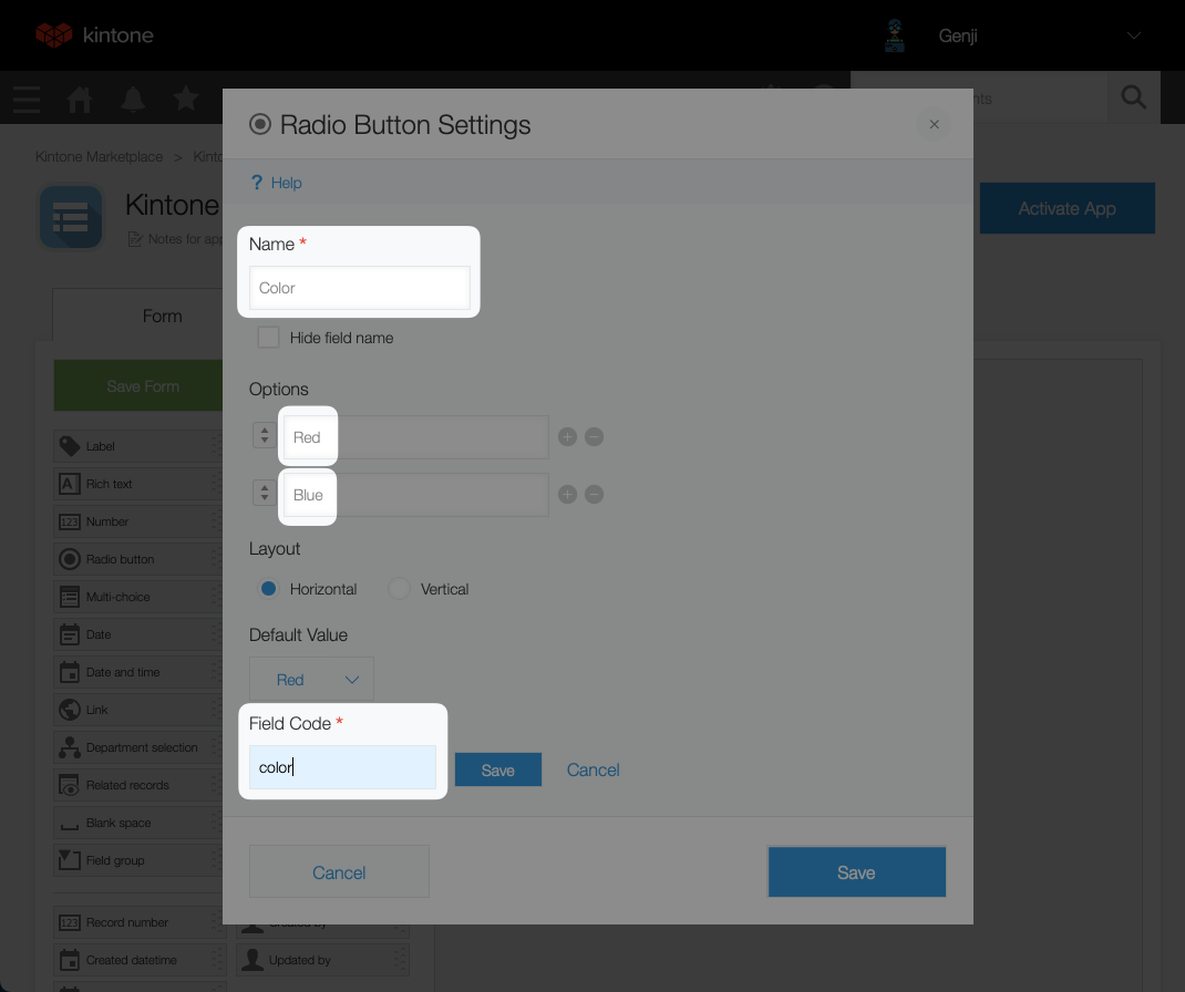 Set the Name to COlor, options to Red and Blue, and Field Code to color