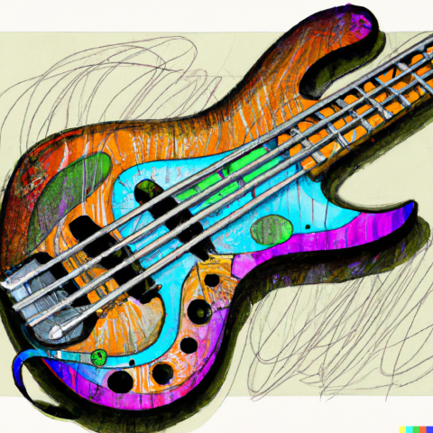 A pleasant drawing of a sunburst bass guitar with violet, green and blue gradients