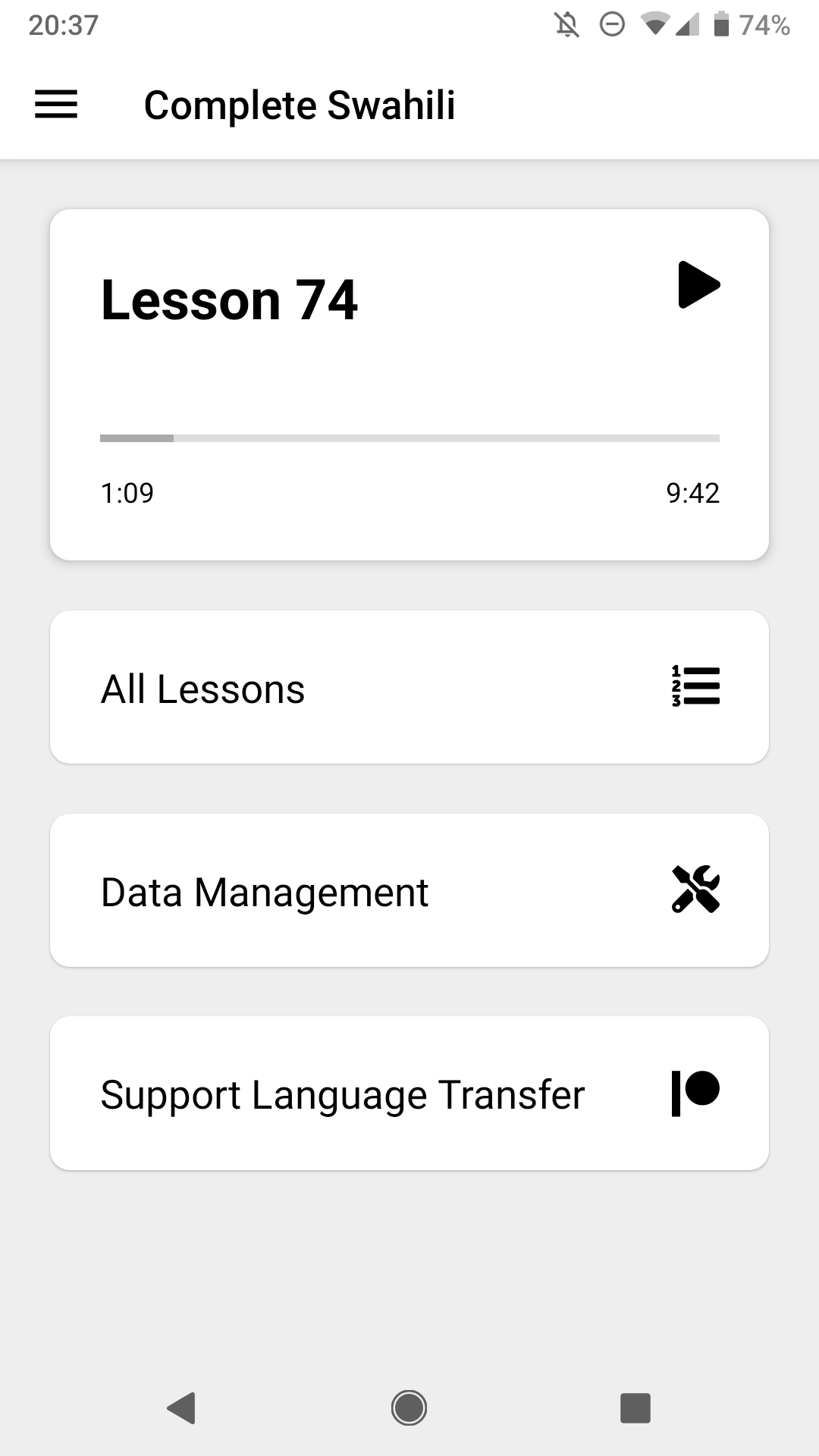 App screenshot: language home page