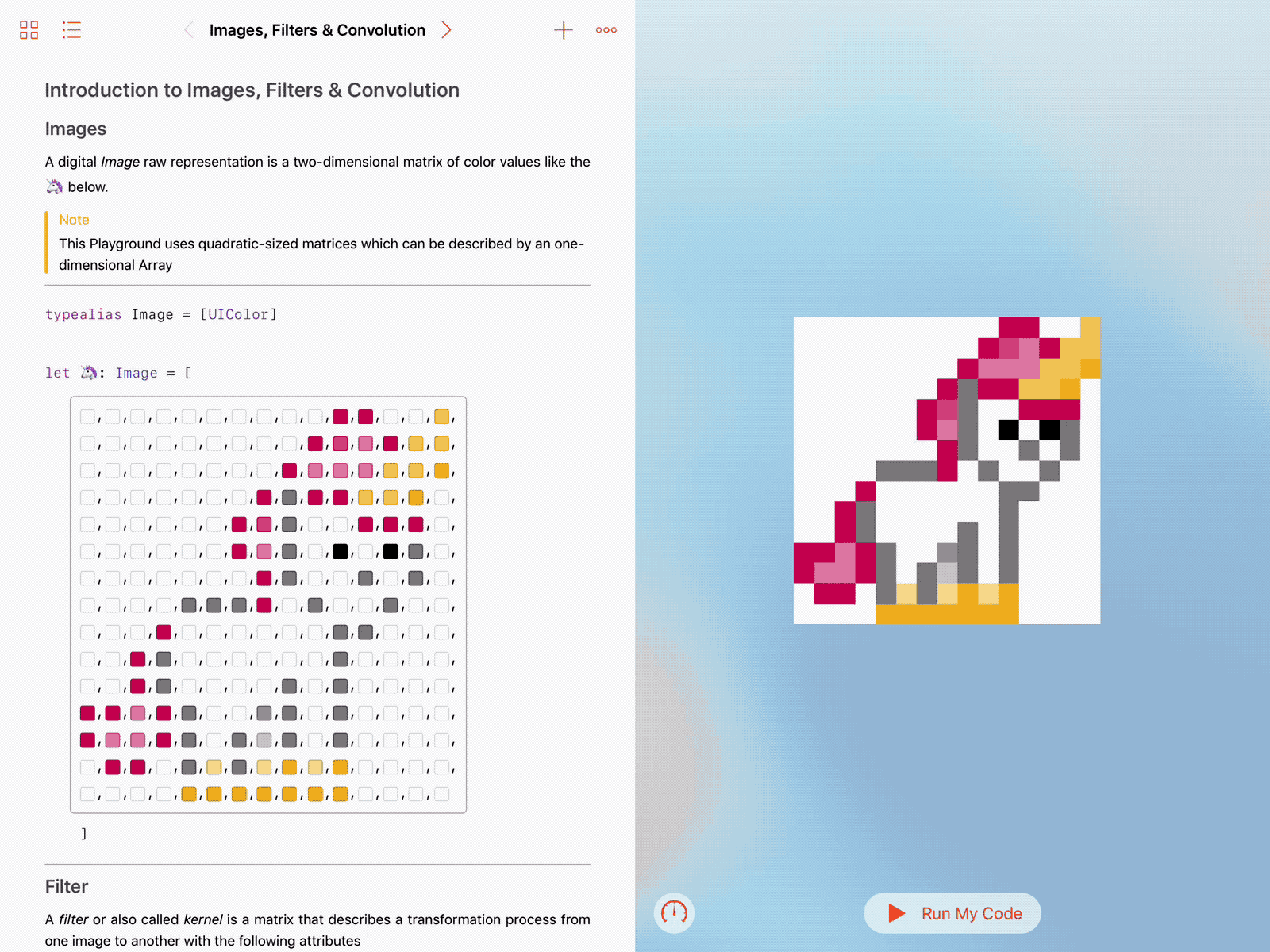 A Gif that shows the convolution of an pixelated unicorn with a blurring filter