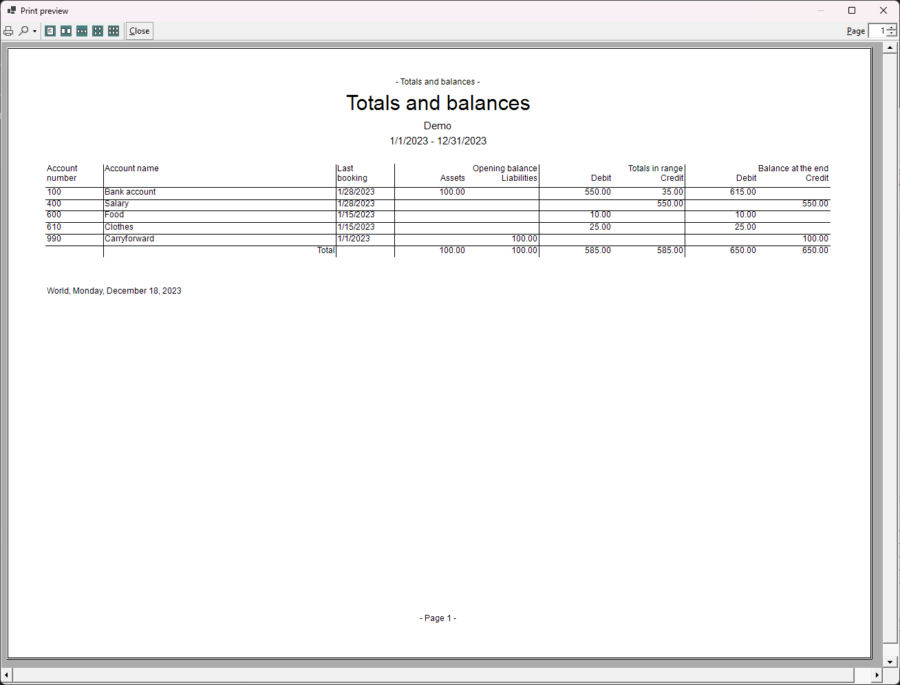 Totals and balances report