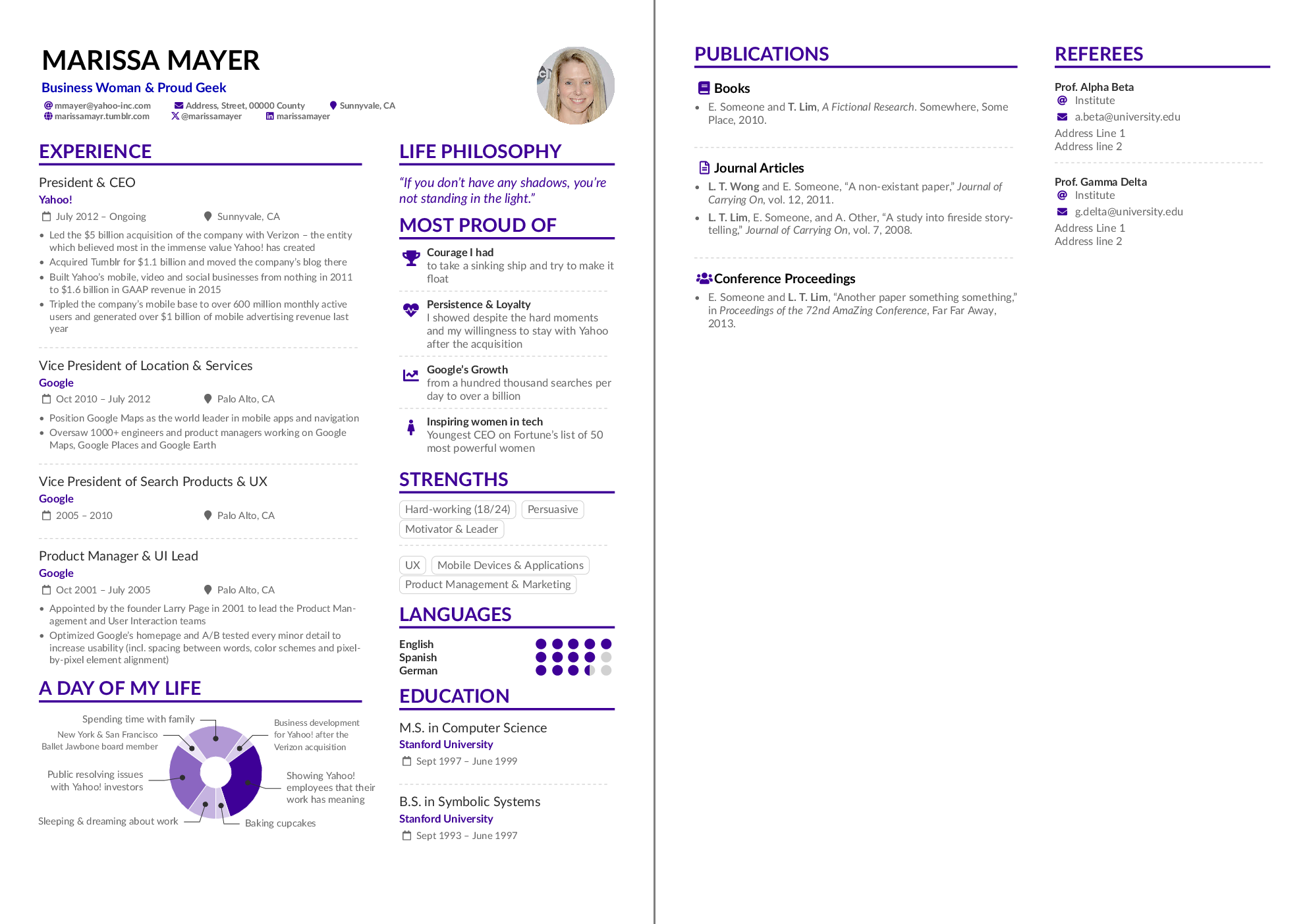 Marissa Mayer's résumé, re-created with AltaCV